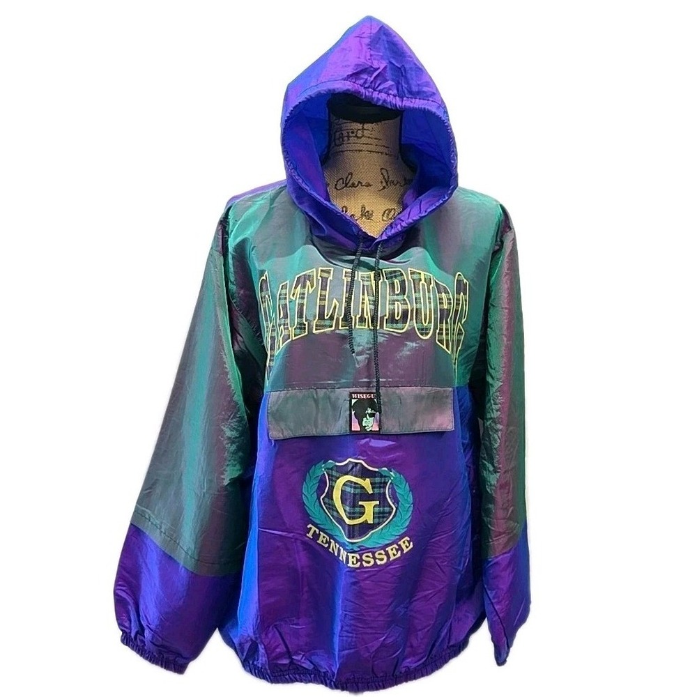 Vintage Wise Guy Iridescent Windbreaker Hooded Pullover USA Gatlinburg Y2K Retro